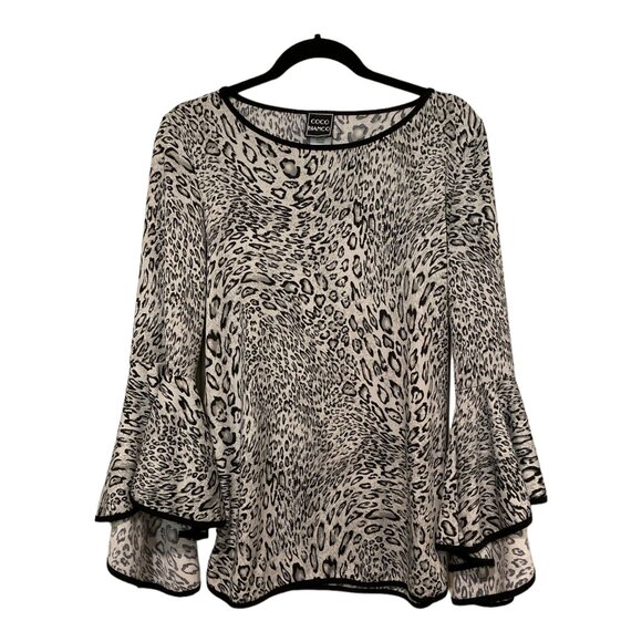 *EUC* Coco Bianco Cheetah Print Flutter Sleeve Tunic Gray & Black Women's Size L - Picture 1 of 6